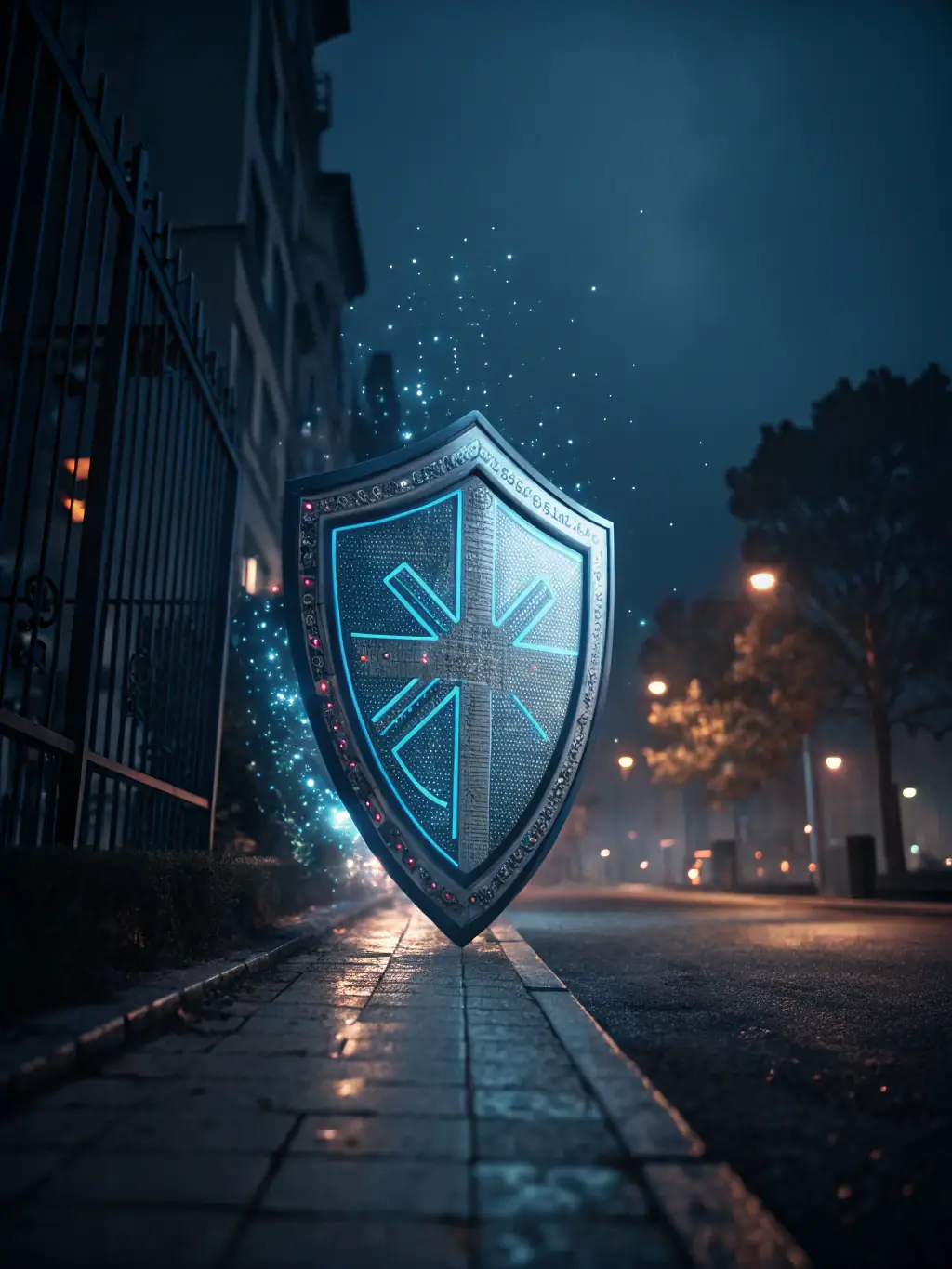 A futuristic digital shield overlaying a cloud network, symbolizing security and cloud services provided by Ruhani Implex.