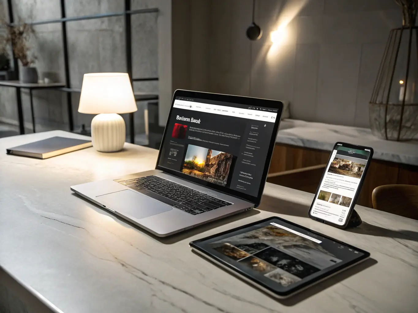 A sleek dashboard interface on a laptop and mobile device showcasing a modern app design with futuristic UI elements, representing web and mobile development services.