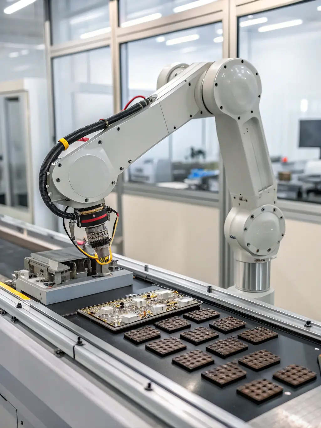An AI-powered robot arm automating a manufacturing process, representing Ruhani Implex's AI automation capabilities.