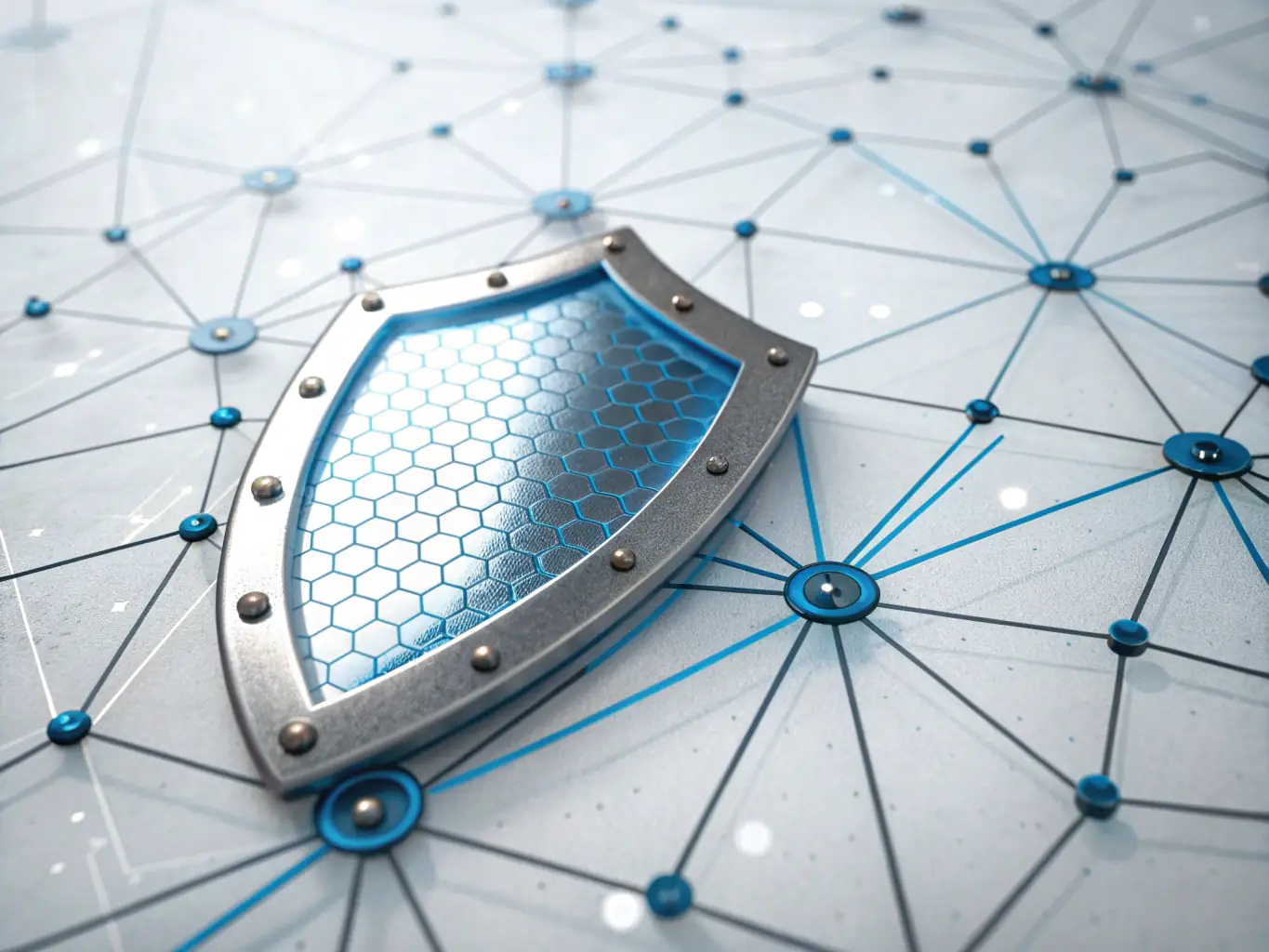 A futuristic digital shield overlaying a cloud network, symbolizing security and cloud services, representing cybersecurity and cloud infrastructure.