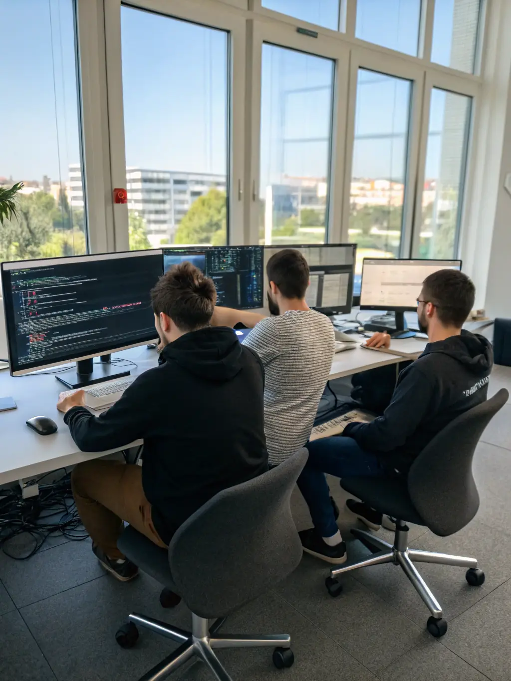 A team of software developers collaborating on coding a new application, showcasing Ruhani Implex's software development expertise.