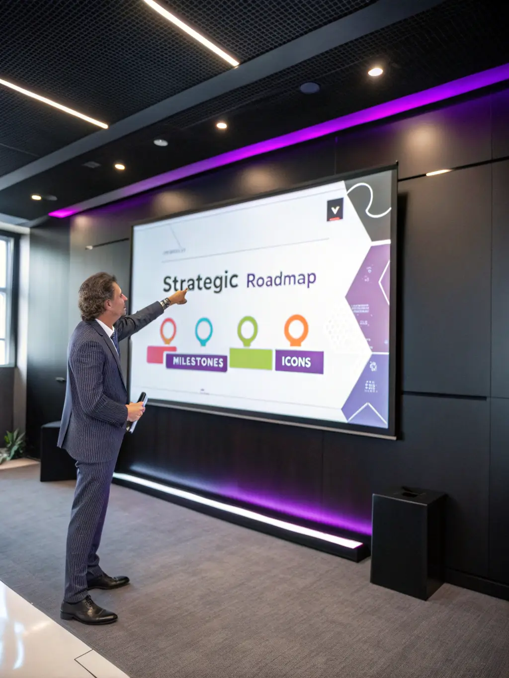 A professional consultant presenting a digital roadmap to a client in a high-tech office environment, representing Ruhani Implex's Consulting & Digital Transformation services.