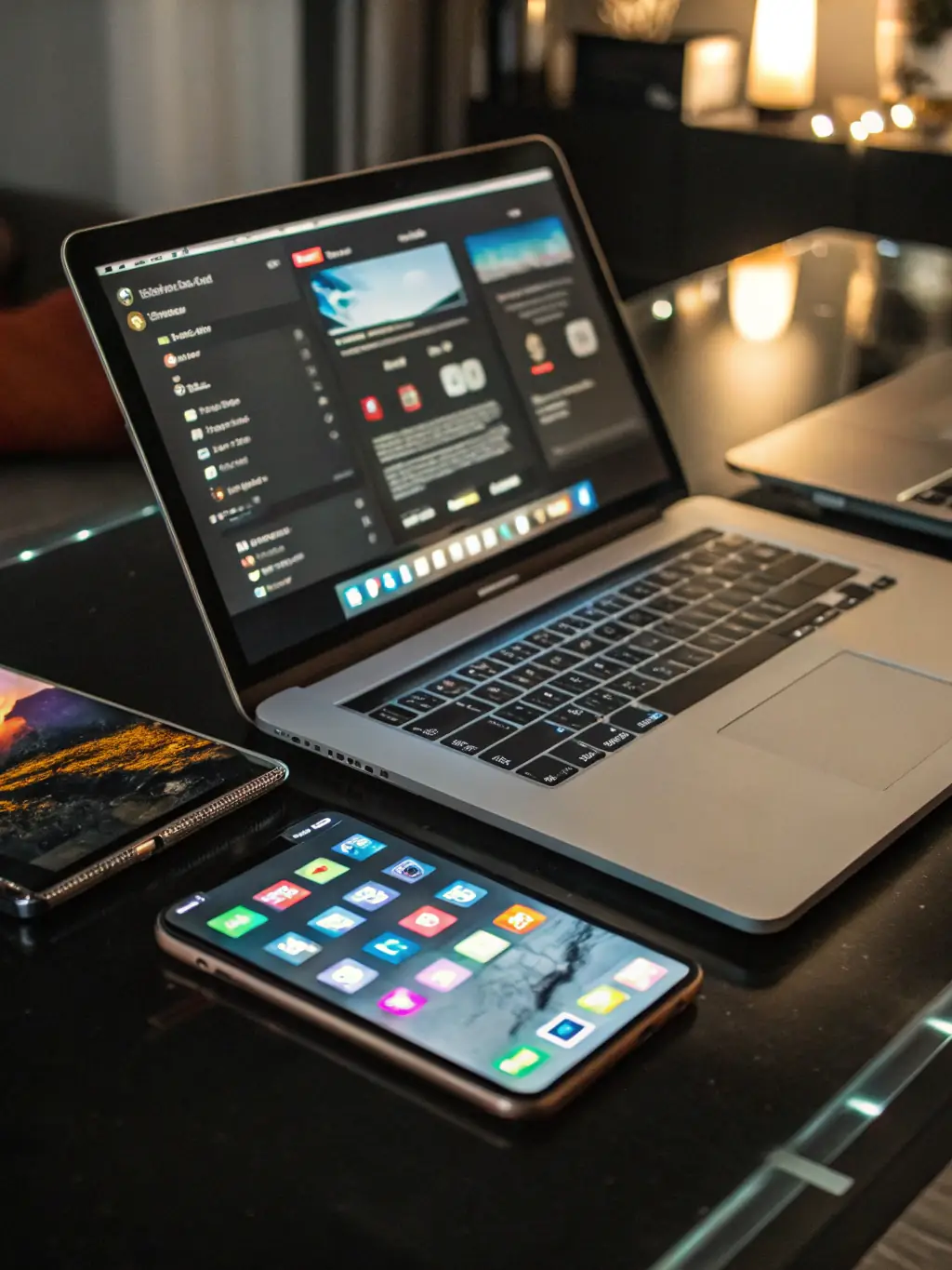 A sleek dashboard interface on a laptop and mobile device showcasing a modern app design with futuristic UI elements, representing Ruhani Implex's Web and Mobile Development capabilities.