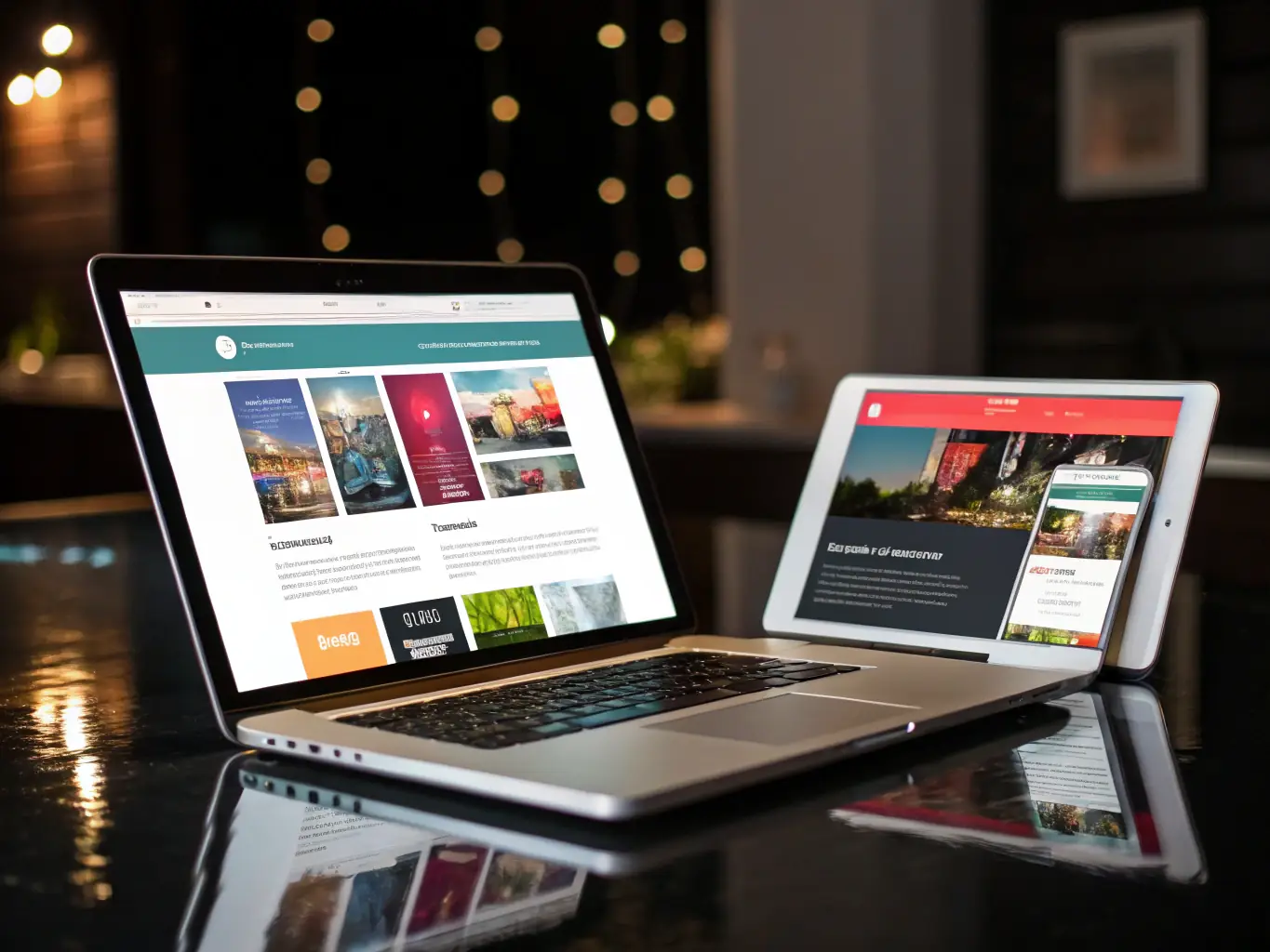 A sleek dashboard interface on a laptop and mobile device showcasing a modern app design with futuristic UI elements, representing Web and Mobile Development services.
