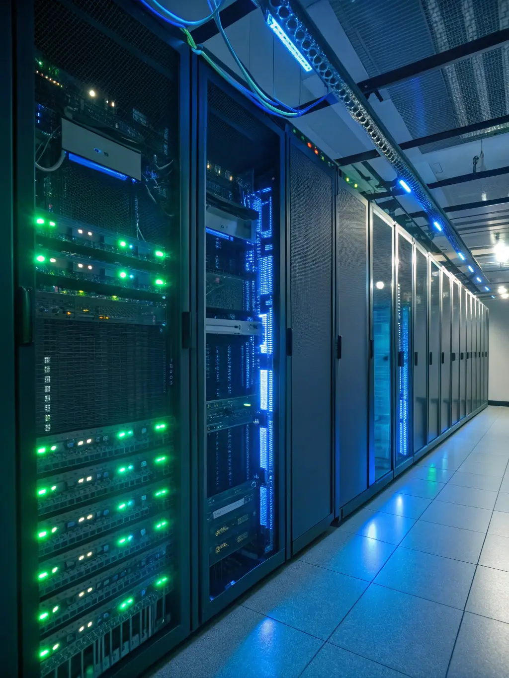 A server rack with glowing lights, representing Ruhani Implex's cloud services and infrastructure management.