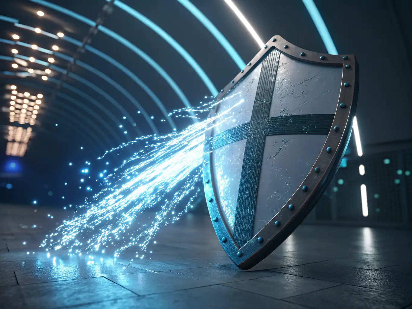A futuristic digital shield overlaying a cloud network, symbolizing Cybersecurity & Cloud Infrastructure services.