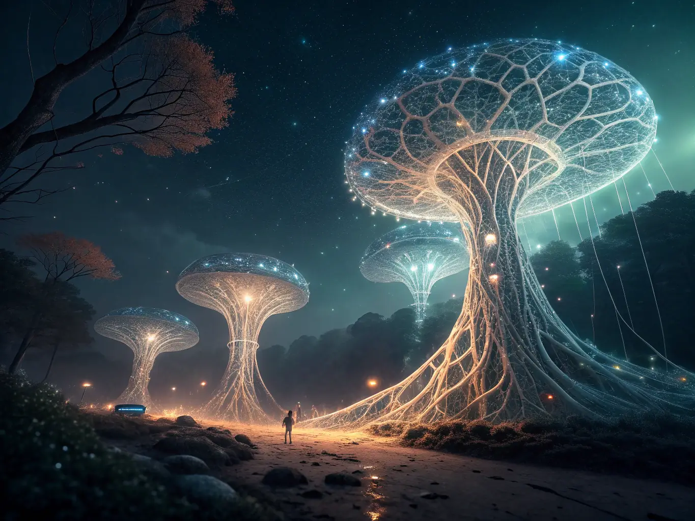 An abstract visualization of neural networks and robotic automation interacting within a digital environment, symbolizing AI and automation solutions.
